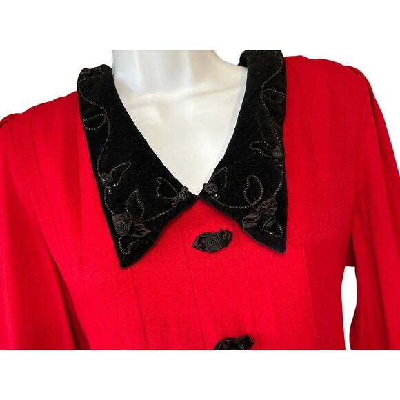 J.B.S.LTD. Red Holiday Evening Dress, Christmas Red/Blk Velvet Collar,Women’s 10 - Picture 3 of 8